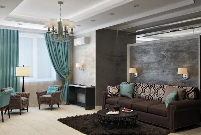 rancho penasquitos living room with long blue curtains